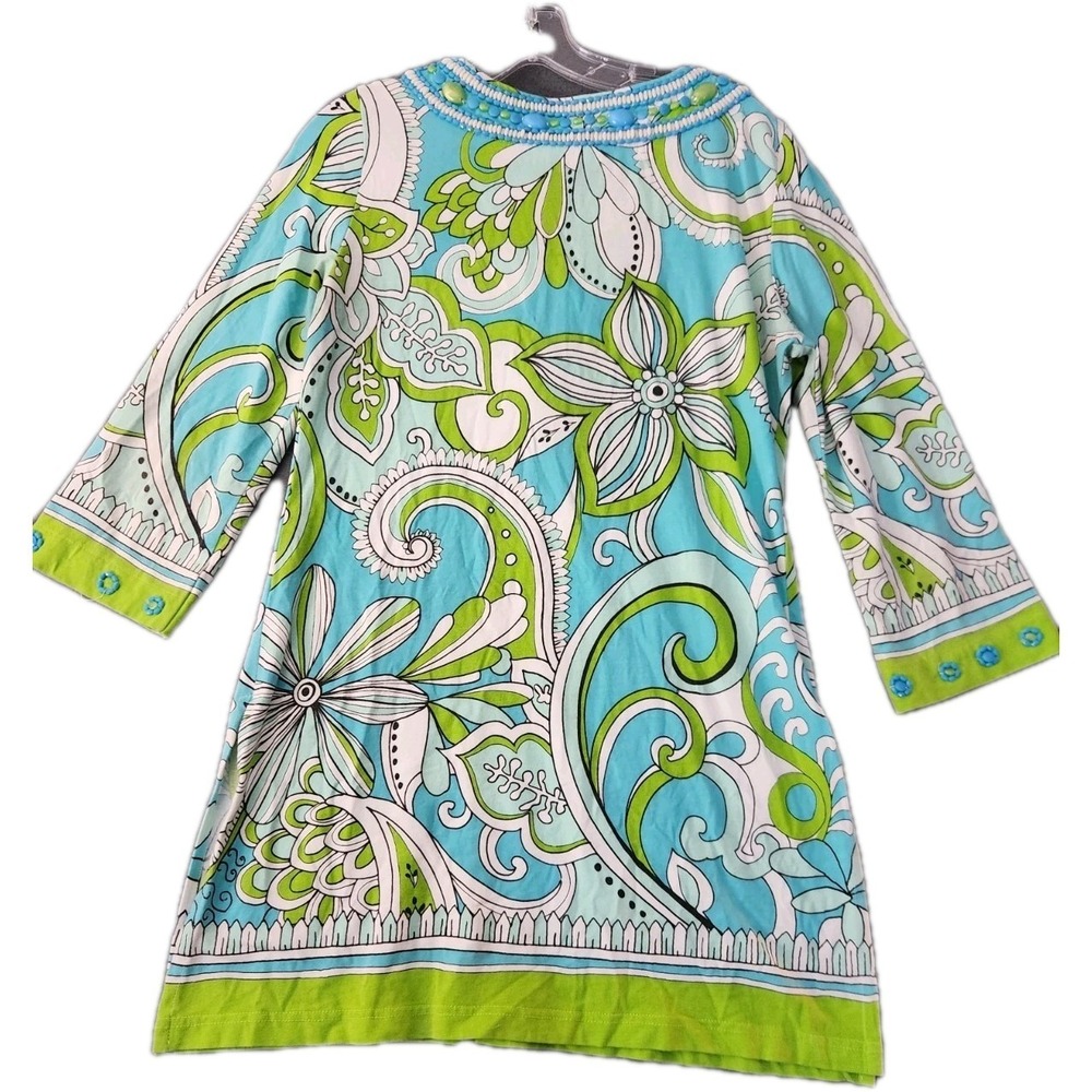 Key Lime & Pink Embelished Hippie Boho Tunic Top Dress Retro 90s Sz L 3/4 Sleeve - Picture 2 of 10